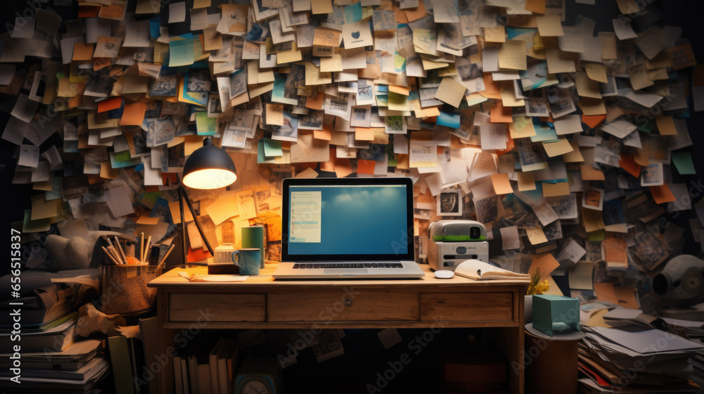 Poster workplace with a computer and a wall full of notes. digitalization concept