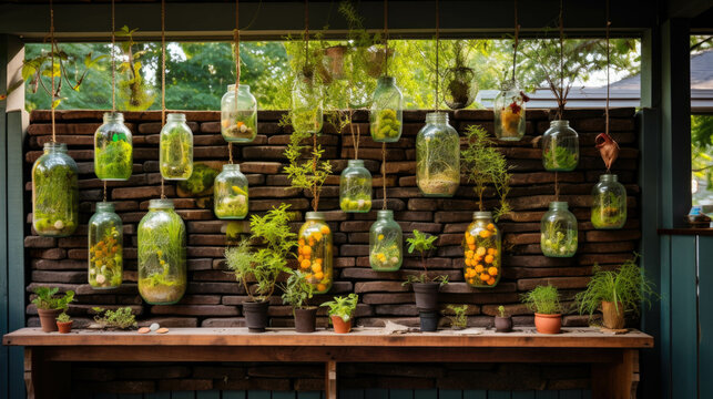 Jars with plants hang on ropes