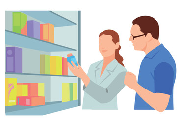 Pharmacy and drugstore concept. Tiny pharmacists presenting drugs, antibiotic pills, vitamin, syringe, bottles. Vector illustration for medication, pharmaceutical store, cure topics