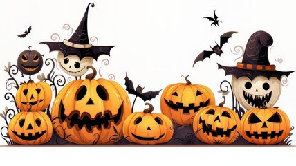 Dibujo divertido de halloween, con calabazas terroríficas sonriendo, una bruja de esqueleto y murciélagos.