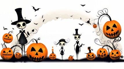 Dibujo de halloween, con calabazas terroríficas sonriendo, una pareja de esqueletos con traje y murciélagos.