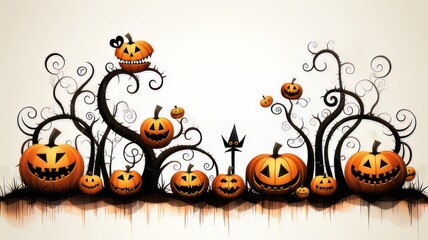 Dibujo de halloween, con calabazas terroríficas sonriendo con arboles.