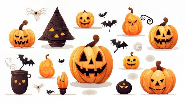 Dibujo de halloween, con calabazas terroríficas sonriendo, murciélagos, decoración de miedo.