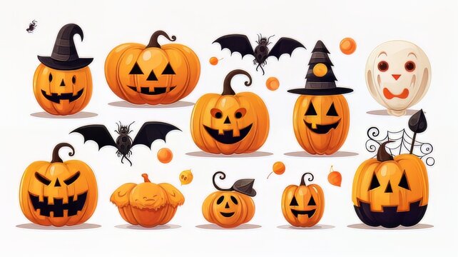 Dibujo de halloween, con calabazas terroríficas sonriendo, murciélagos, decoración de miedo.