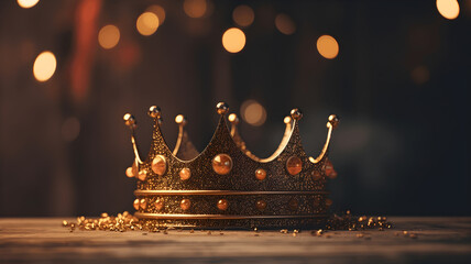 A luxurious gold crown sits upon on a table with glitter and bokeh background