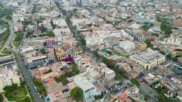 Aerial view of the city of Lima in Peru. Barranco and Miraflores region on a cloudy day with views of the old and colonial houses. Urban life.