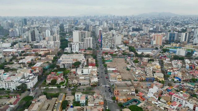 Aerial view of the city of Lima in Peru. Barranco and Miraflores region on a cloudy day with views of the old and colonial houses. Urban life.