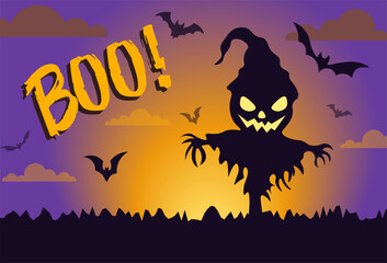 Happy Halloween Boo greeting card vector illustration Scarecrow in a field. Vector illustration
