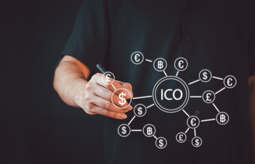 ICO ,Businessman presses button ICO Initial Coin Offering in network shield security virus user...