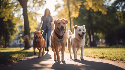 A group of young cheerful dog walkers in the park are having fun while walking dogs on a beautiful day in the park - obrazy, fototapety, plakaty