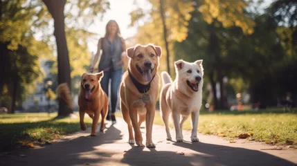  A group of young cheerful dog walkers in the park are having fun while walking dogs on a beautiful day in the park © standret