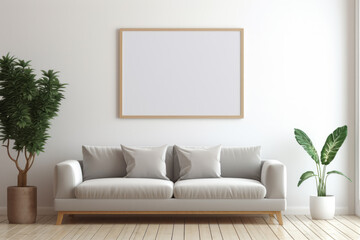 image frame mockup with a couch in front of it, comfortable sofa