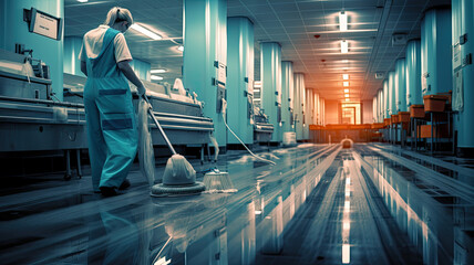 woman cleaning the hallways of a hospital at night - obrazy, fototapety, plakaty