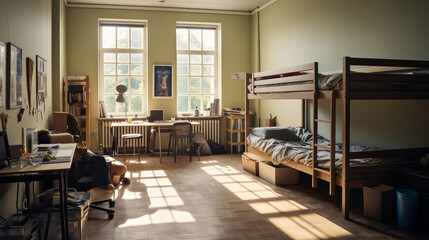 a room in a student dormitory.
