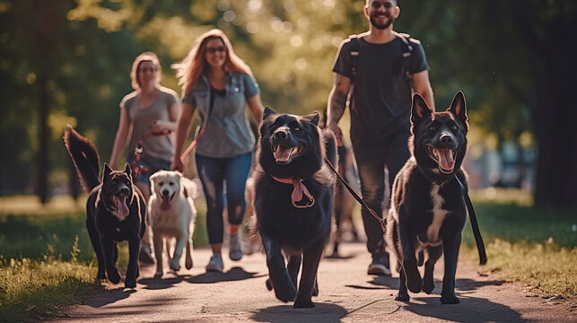 A group of young cheerful dog walkers in the park are having fun while walking dogs on a beautiful day in the park