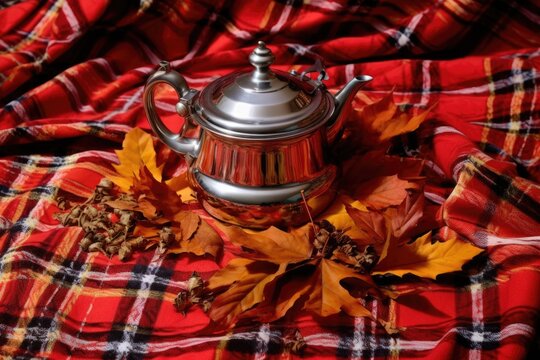 vintage silver teapot on a red picnic blanket, surrounded by autumn leaves