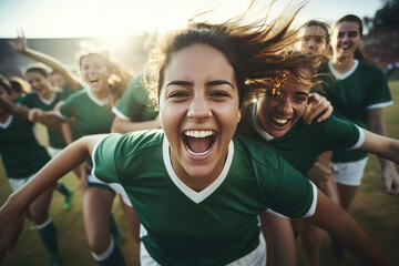 women's soccer team celebrating a goal - obrazy, fototapety, plakaty