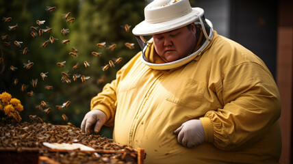 Fototapeta premium 140 kilo fat man, working as a beekeeper outside, watching the birds
