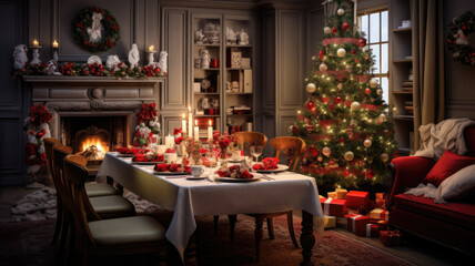 the living room of a house with a fireplace, decorated with Christmas