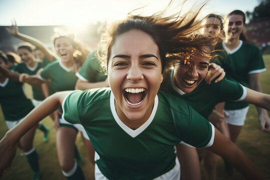 women's soccer team celebrating a goal