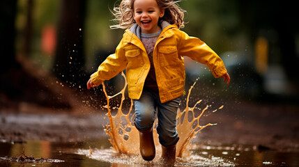 Little girl jumping in puddles on a rainy autumn day