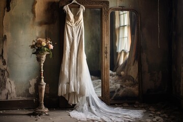 wedding dress on hanger reflected in a vintage mirror