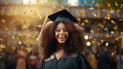 Obraz premium This image captures the happiness of an African American girl on her graduation day, marking the successful completion of her school journey.