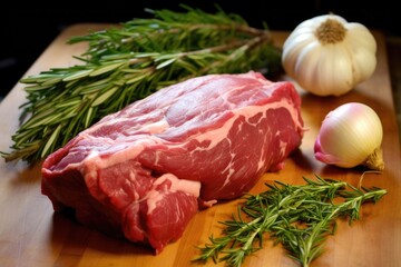 beef roast prepared for cooking with raw garlic and rosemary strands