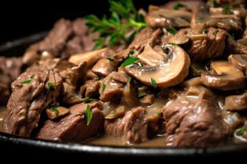 macro shot showing beef pieces and mushrooms in beef stroganoff