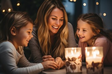 Mother and her little daughters in a warm light setting with candles in the living room on the Christmas season. AI generative - obrazy, fototapety, plakaty