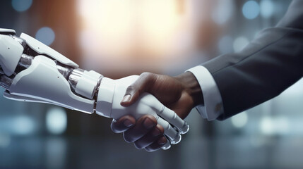Handshake between human and robot in a research lab, working together for success - Concept about tech innovation, machine learning progress and partnership with future Artificial General Intelligence - obrazy, fototapety, plakaty