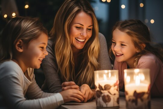 Mother and her little daughters in a warm light setting with candles in the living room on the Christmas season. AI generative