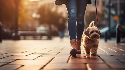 Dog walker walking fast with her pet on leash at street pavement