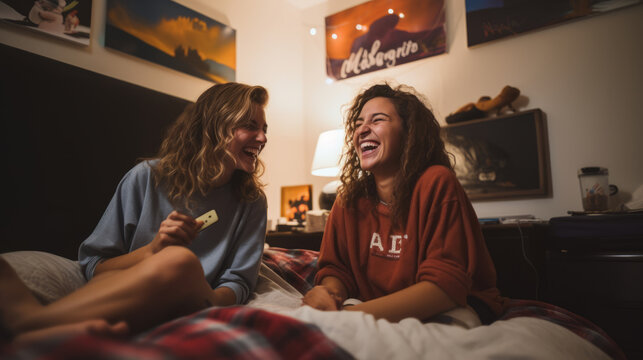 Friends of students are having fun in the dorm room on campus