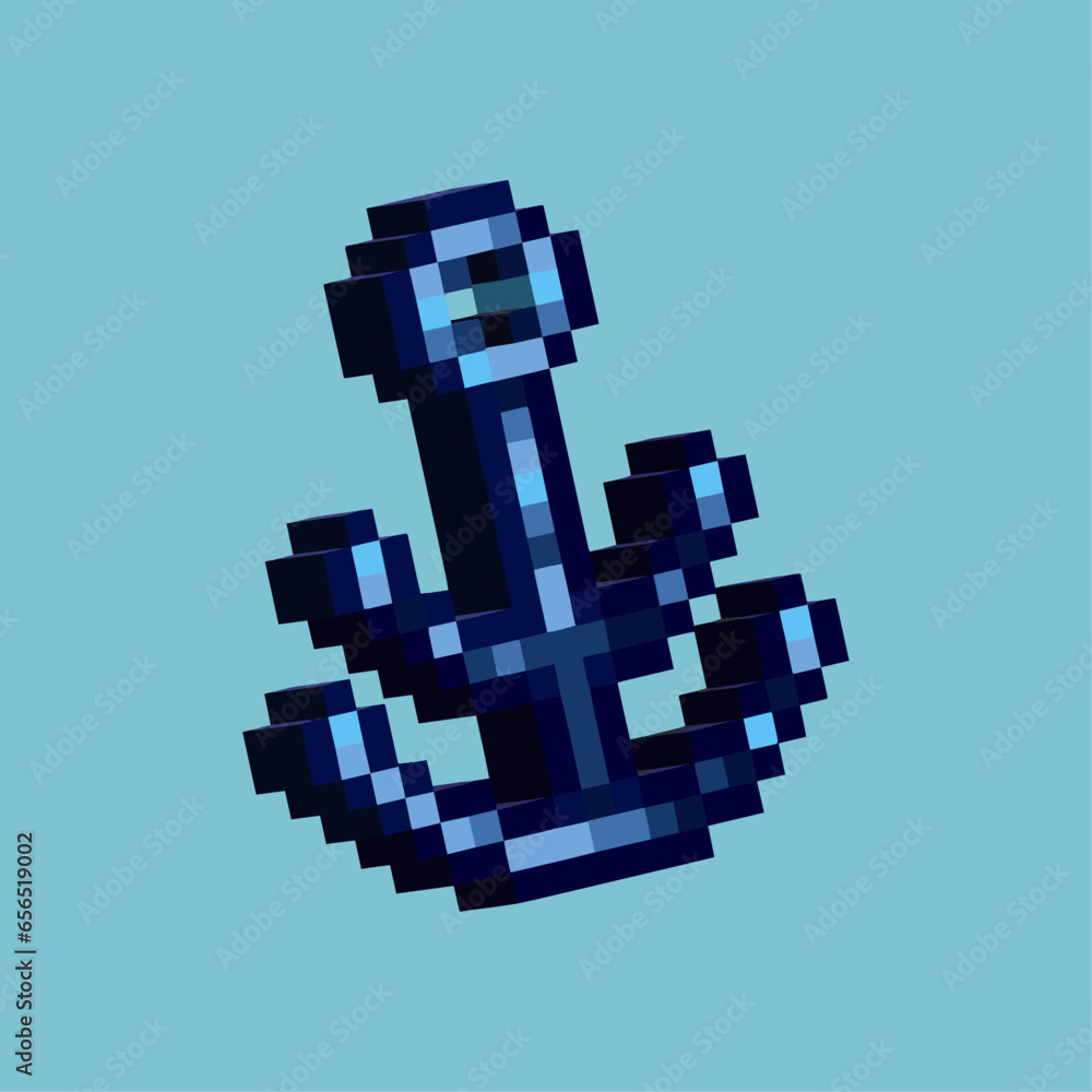 Poster isometric pixel art 3d of anchor shop for items asset. pirate ship anchor on pixelated style.8bits p