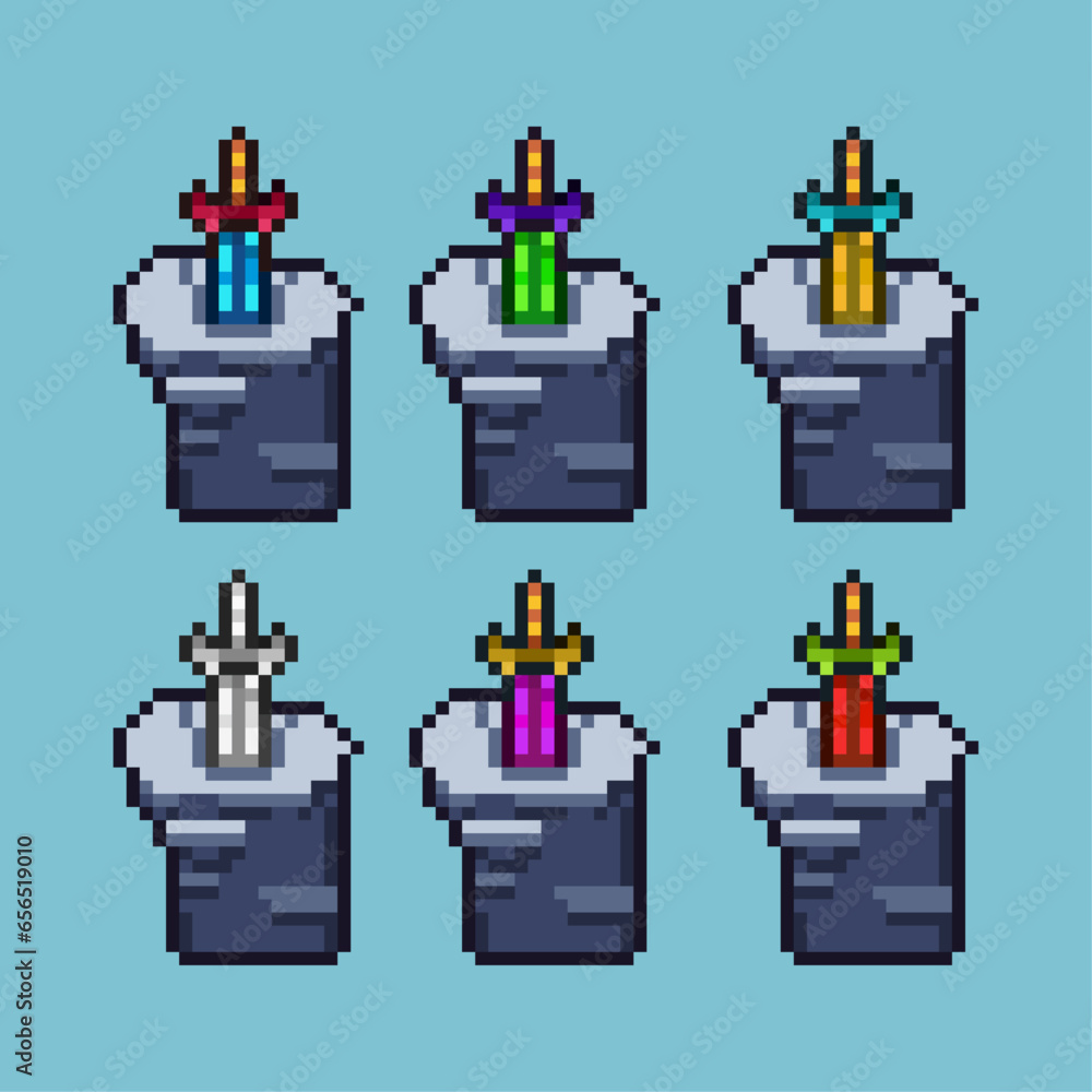 Poster pixel art sets of sword with variation color item asset. simple bits of sword weapons on pixelated s