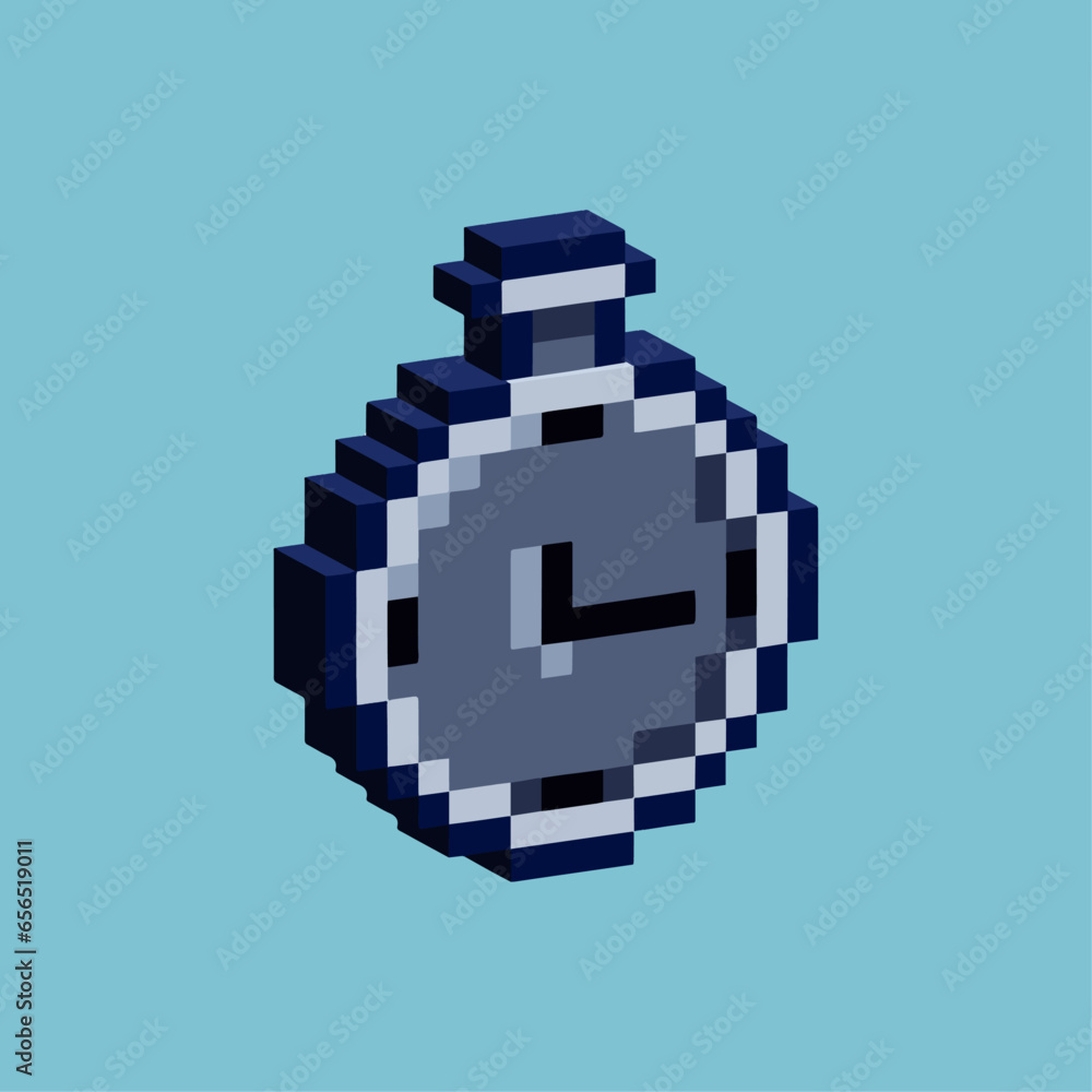Poster isometric pixel art 3d of clock for items asset. round clock on pixelated style.8bits perfect for ga