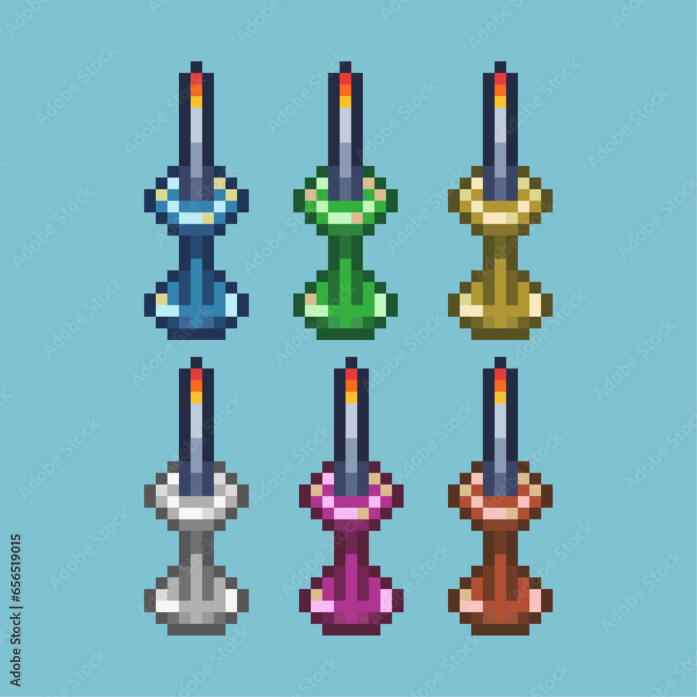 Poster pixel art sets of candle with variation color item asset. simple bits of candle on pixelated style. 