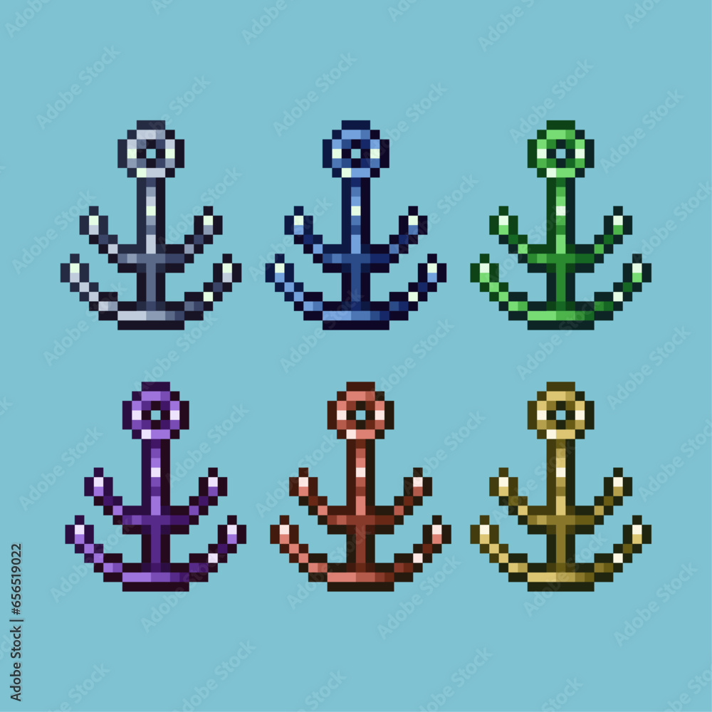 Poster pixel art sets of ship ancor with variation color item asset. simple bits of ship anchor on pixelate