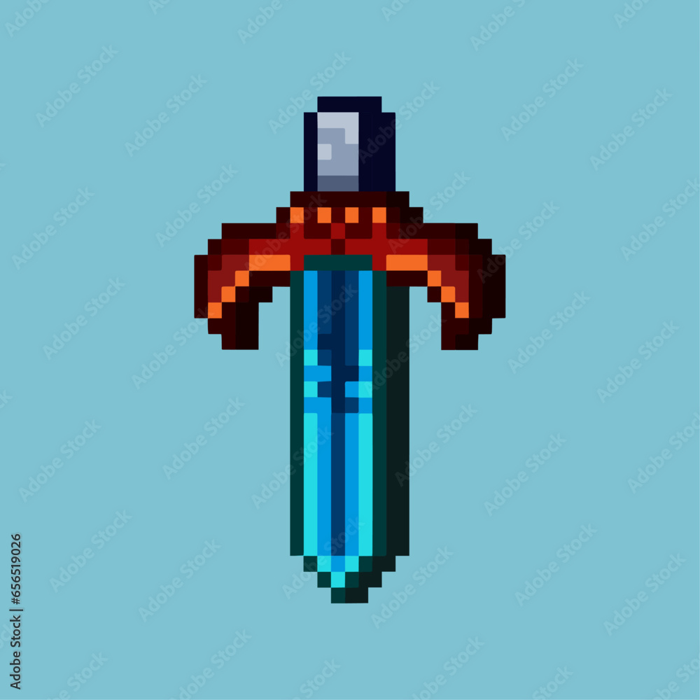 Poster isometric pixel art 3d of sword weapon for items asset. weapon sword on pixelated style.8bits perfec