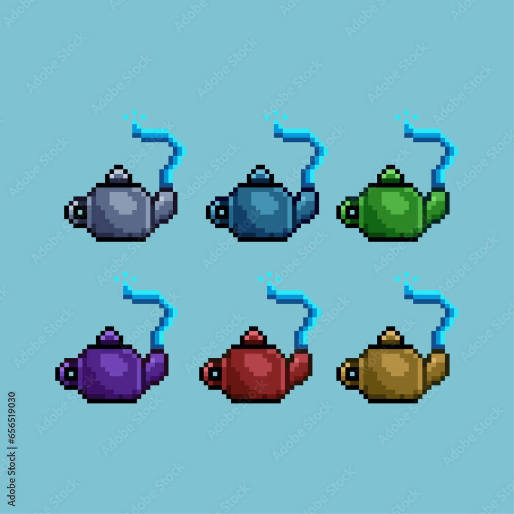 Poster pixel art sets of water pot with variation color item asset. simple bits of water pot on pixelated s