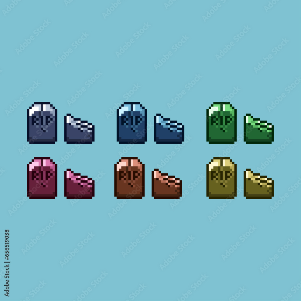 Poster pixel art sets of grave and broken grave with variation color item asset. simple bits of rip on pixe