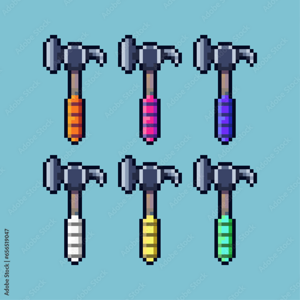 Poster pixel art sets of hammer with variation color item asset. simple bits of hammer on pixelated style. 