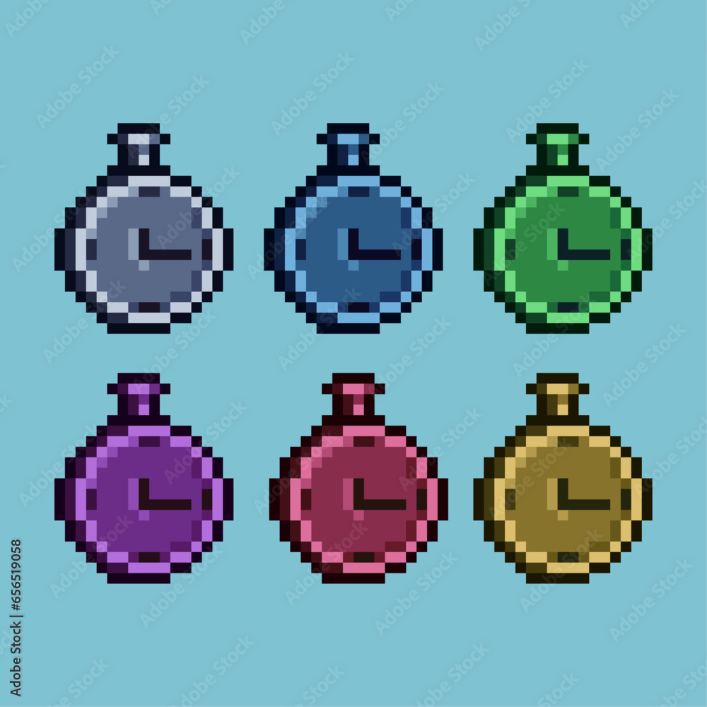 Fototapete pixel art sets of rounded clock with variation color item asset. simple bits of rounded clock on pix