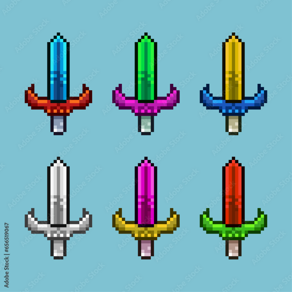 Poster pixel art sets of sword with variation color item asset. simple bits of sword weapons on pixelated s