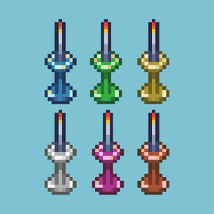 Pixel art sets of candle with variation color item asset. Simple bits of candle on pixelated style. 8bits perfect for game asset or design asset element for your game design asset