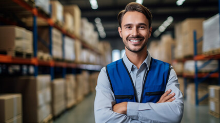 Obraz premium Happy young worker man factory manager working in warehouse while smiling