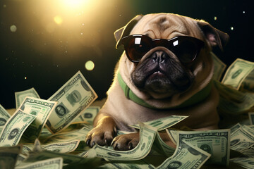 cute dog with sunglasses and cash - obrazy, fototapety, plakaty