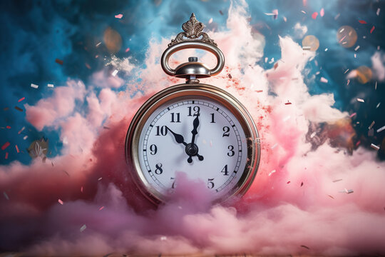 time is money concept. old style classic clock exploding in the fog