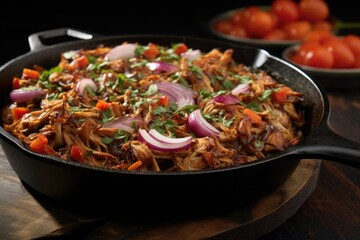 sizzling carolina pulled pork in a cast-iron skillet
